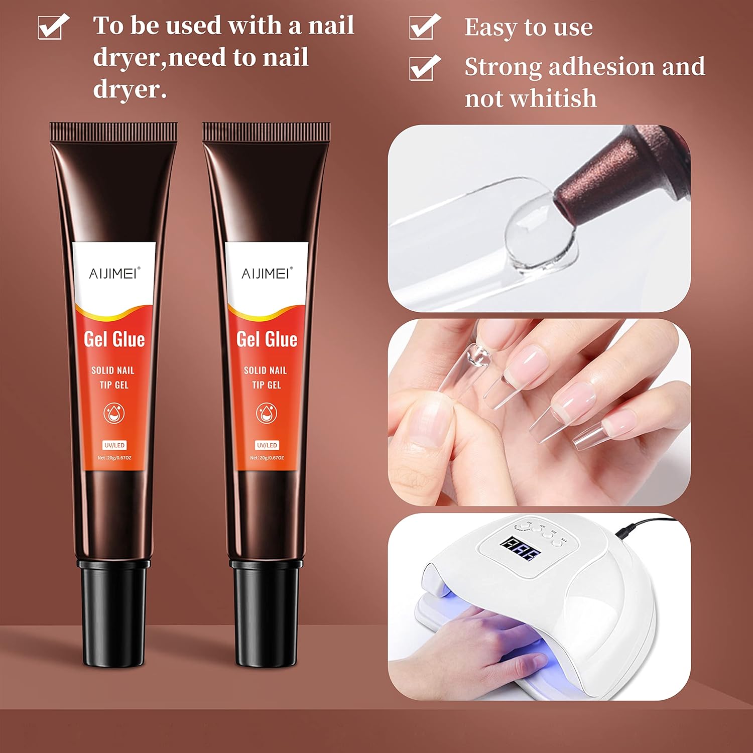 AIJIMEI Nail Gel Glue 20ml 2PCS for UV Acrylic Tips - Solid Adhesive for Fake Nails - UV Cured