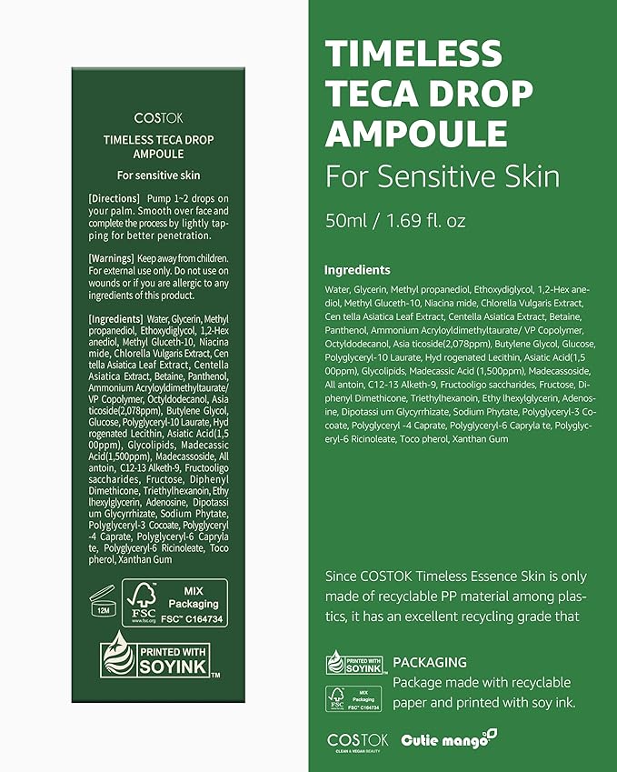 COSTOK Timeless TECA Drop Ampoule 50ml with Centella Asiatica Extract TECA Technology Hypoallergenic Soothing Hydrating Facial Serum for Sensitive Skin
