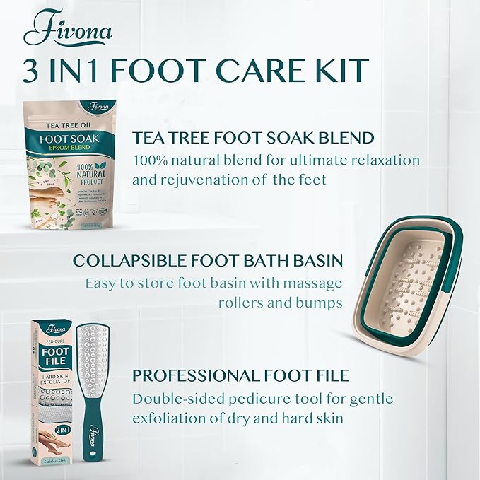 Fivona Foot Care Kit 3 in 1 - Foot Soak Blend with Epsom Salt, Tea Tree and Essential Oils - Collapsible Foot Soak Basin - Dual Action Foot File