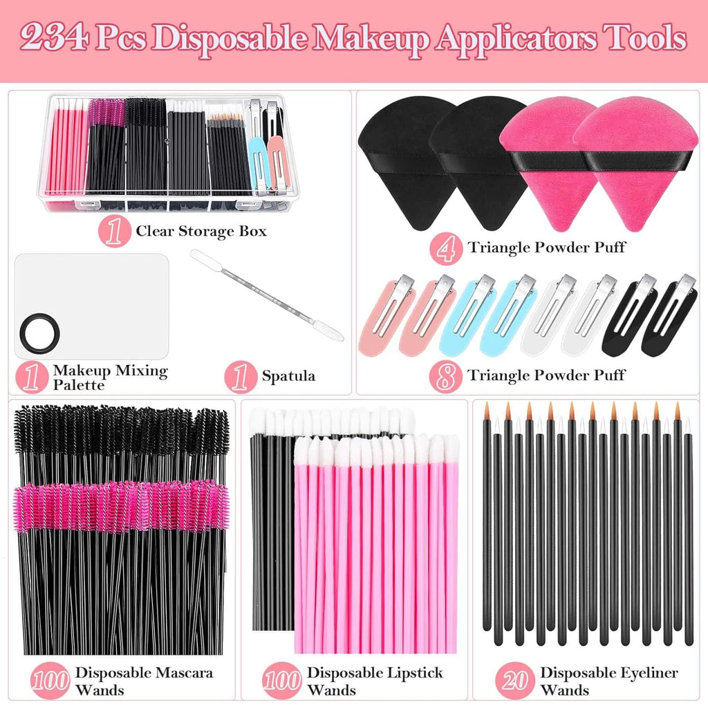Disposable Applicators Kit With Makeup Puff, Mixing Palette, Artist Supplies, Accessories, Mascara Wands, Lip Brushes, Hair Clips, Powder Puffs for Face With Storage Box