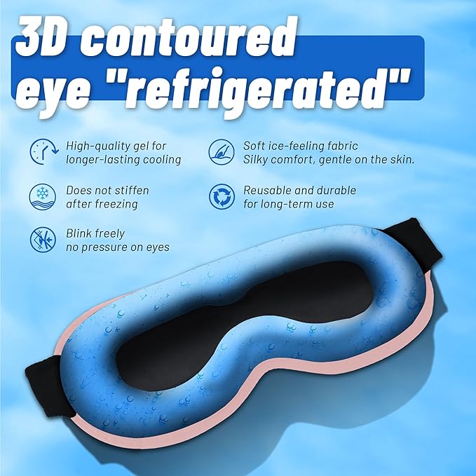 Cooling Gel 3D Sleep Eye Mask-Weighted Blackout Sleep Mask & Cold Compress for Dark Circles, Dry Eyes, and Puffiness - Comfortable, Eyelash-Friendly, Reusable for Relaxing Sleep-Pink