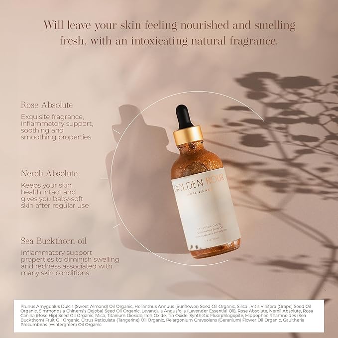 Organic Skincare Products Made in USA, Vegan, Cruelty Free, Moisturizing + Hydrating Shimmer Gold Glitter Body Oil, 4fl oz/118ml, Ethereal Glow