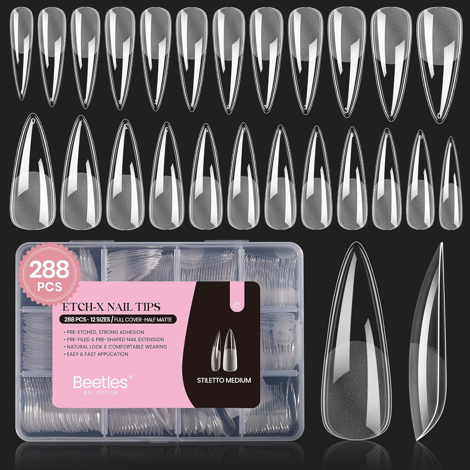 Beetles Gel Nail Tips Etch-X, Stiletto Medium, 288Pcs 12 Sizes, Pre-Etched Half Matte Full Cover Soft Acrylic False Nail Tips Pre-Shaped Easy DIY Fall Halloween Nail Extension Salon Gift for Women