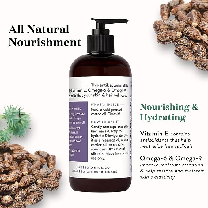 BARE BOTANICS 100% Pure Castor Body Oil 16 oz - Hexane Free & Natural for All Over Moisturization - Multipurpose Carrier Oil for DIY - Hydrate Dry Skin, Hair & Body - Vegan & Cruelty Free Beauty