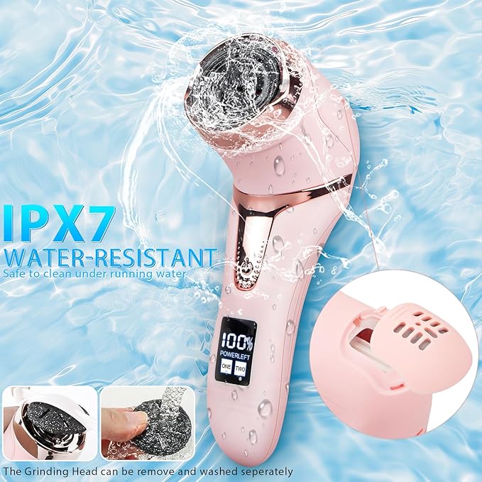 Electric Callus Remover for Feet (with Vacuum Cleaner), Rechargeable Foot Callus Remover Pedicure Tools Foot File, Professional Foot Care Kit Deadskin Remover with 3Heads&2Speed,LCD Display-Pink