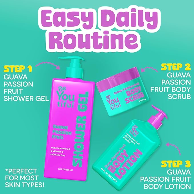 BeYOUtiful Guava Passion Fruit Body Scrub Exfoliator for Kids & Teens, Gentle Sugar Exfoliating Scrub, Cruelty-Free, Shea & Sweet Almond Oil, 16 oz