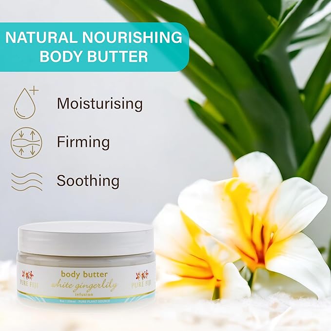 PURE FIJI Body Butter - Moisturizer Body Butter Cream - Face Cream and Body Lotion for Dry Skin with Natural Oils & Vitamin E, Body Butter For Women for Men,White Gingerlily, 8oz
