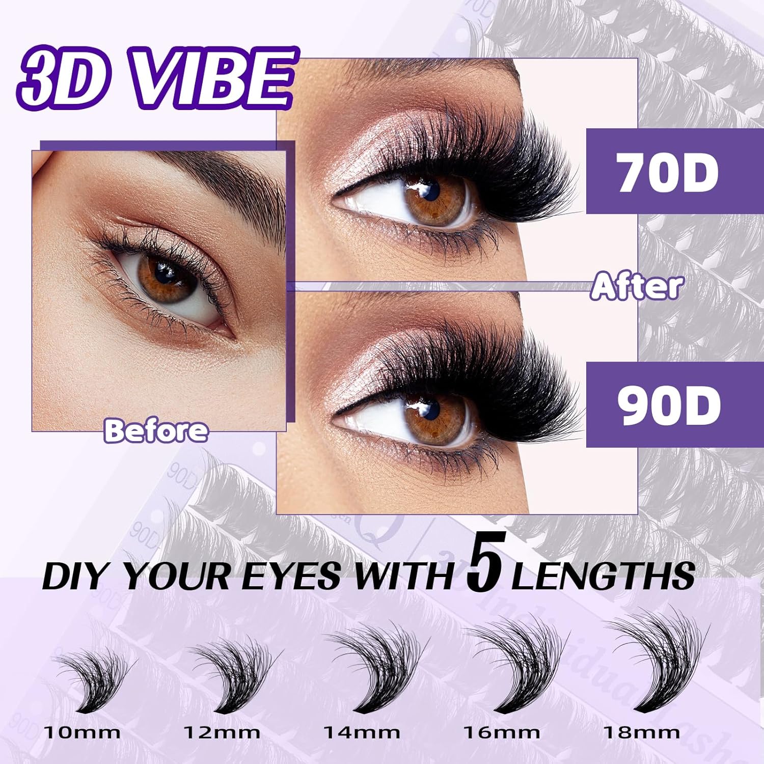 Lash Extension Kit 3D Thick Lash Clusters Kit 280pcs Eyelash Extension Kit 10-18mm 70D+90D D Curl DIY Lash Extension Kit with Lash Bond and Seal, Lash Remover (KIT-70D+90D-MIX10-18mm)