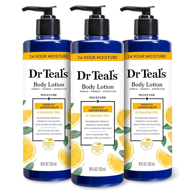 Dr Teal's Body Lotion, Lemon Prebiotic Lemon Balm & Essential Oils, 18 oz (Pack of 3)