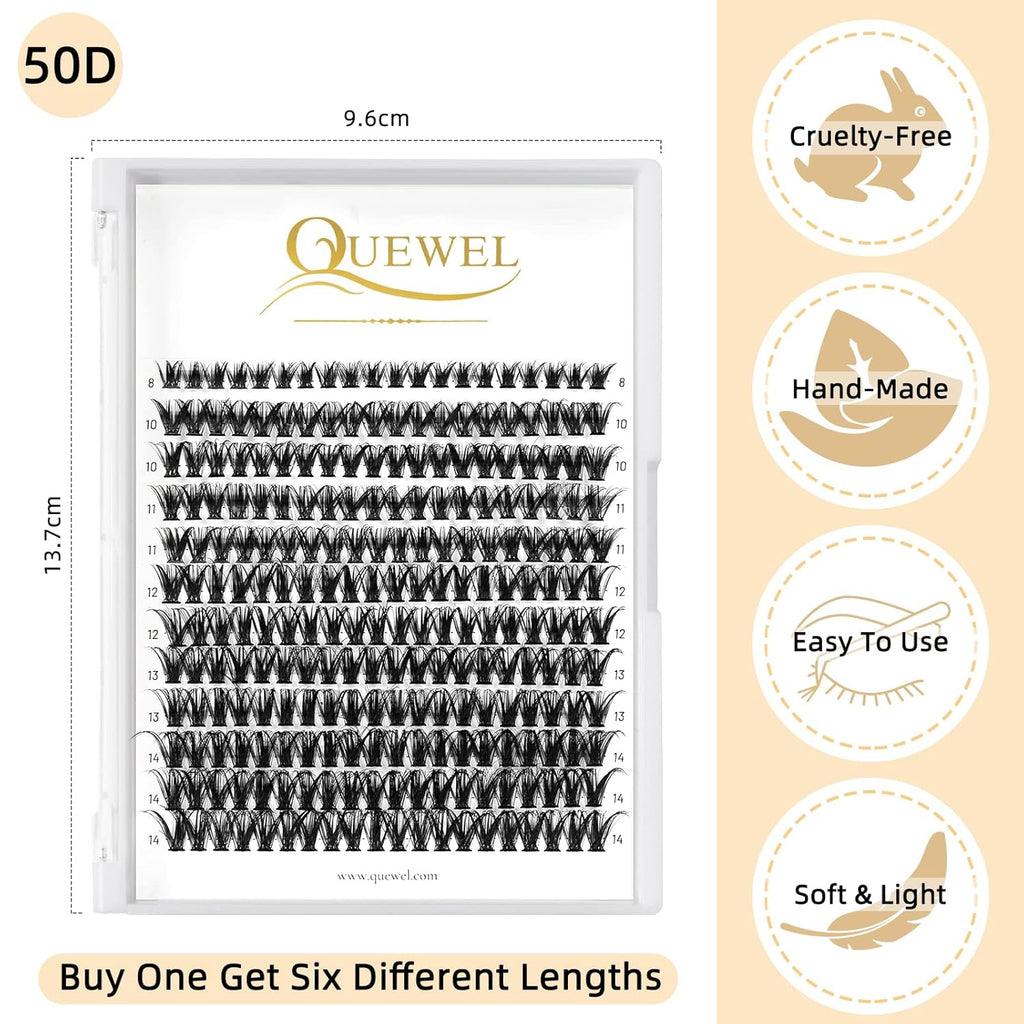 QUEWEL Cluster Lashes 240Pcs Individual Lashes 50D 0.07 C Curl Mix8-14mm Lash Extensions Clusters Lashes Soft&Natural False Eyelashes Individual DIY Eyelash Extension at Home(50D 0.07C mix-8-14)