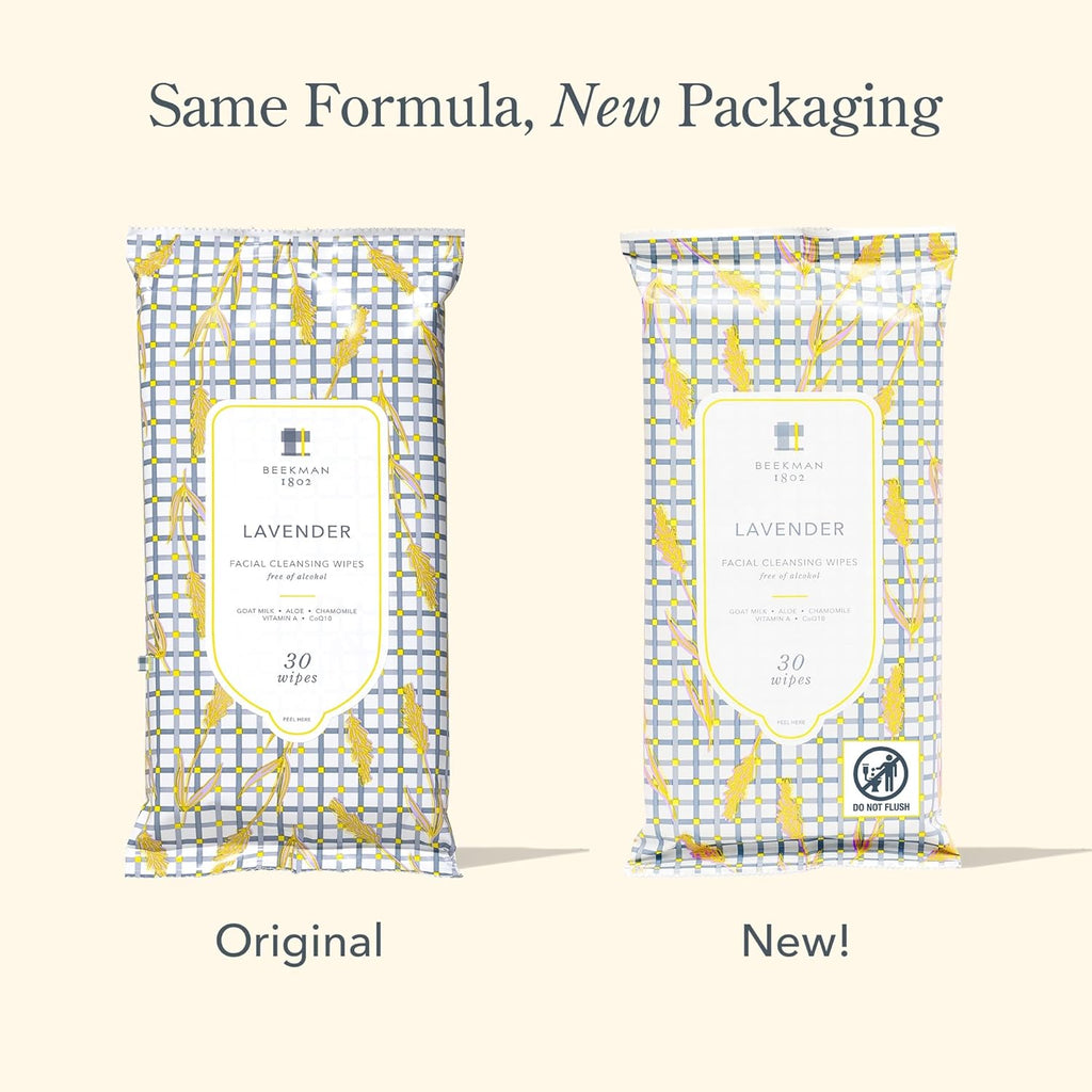 Beekman 1802 Face & Body Wipes, Lavender - Scented - 30 Count - Cleanses - With Goat Milk, Aloe & Vitamin E - Alcohol Free, Biodegradable - Good for Sensitive Skin - Cruelty Free