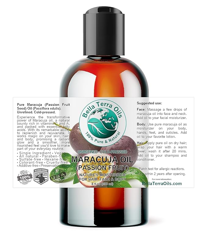 Bella Terra Oils - Maracuja (Passion Fruit) Oil 8 oz - Famed for its High B-Complex Vitamins, Essential Elixir for Radiant & Silky Skin Experience
