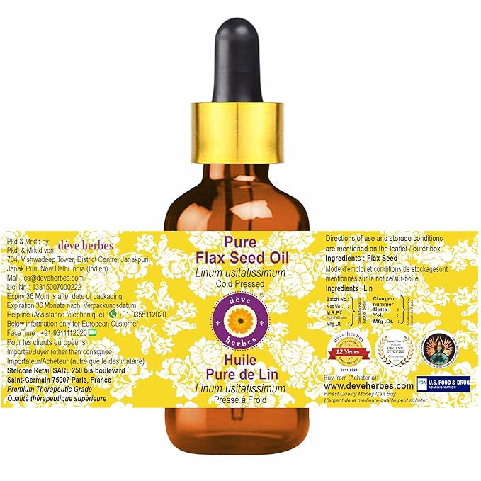dève herbes Pure Flax Seed Oil (Linum usitatissimum) with Glass Dropper Cold Pressed (Pack of Two) 100ml X 2 (6.76 oz)