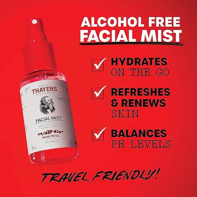 Thayers Alcohol-Free Witch Hazel Facial Mist Toner with Aloe Vera, Rose Petal, Soothing and Hydrating, for All Skin Types, Trial Size, 3 oz