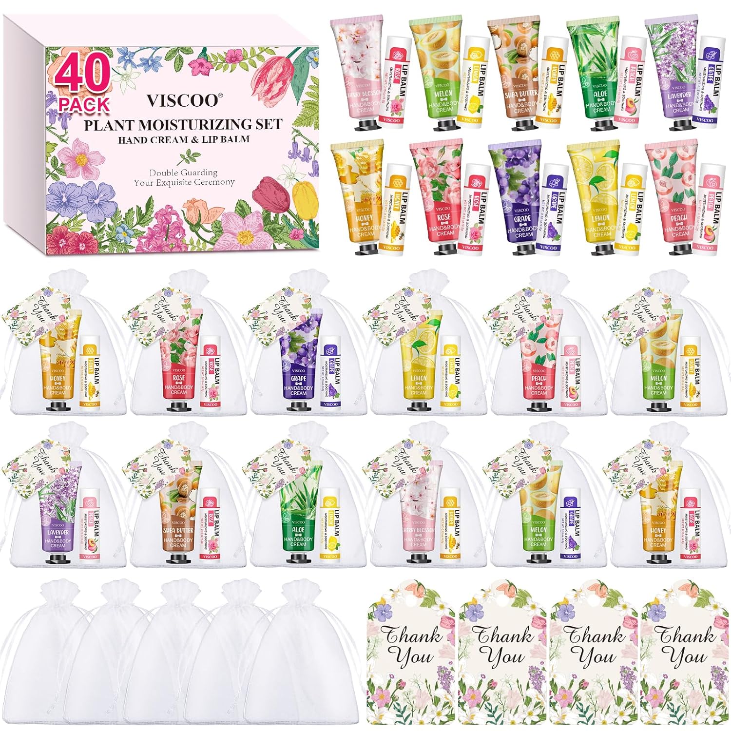 40 Sets Hand Cream Bulk and Lip Balm Bulk Gift Set, Bridal Shower Party Favors and Wedding Favors for Guests with Thank You Card Organza Bags, Baby Shower Favors, Thank You Gifts for Women