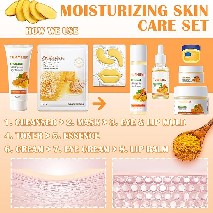 Turmeric skincare set with face wash, eye cream, toner, cream, serum, tinted lip balm, 3 honey face masks, under eye patches and lip mask (11 pcs) by Brand