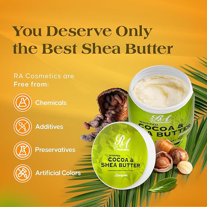 RA COSMETICS Whipped Cocoa & Shea Butter, Lemongrass - 12oz | 100% Pure & Natural Skin Moisturizer with Coconut Oil | Vitamin-Rich Body Butter for Soft, Supple, and Radiant Skin & Healthy Hairs