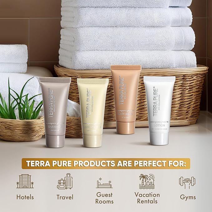 Terra Pure Spa Collection Bulk Set Toiletries | 1-Shoppe Amenities Kit for Hotels & Vacation Rentals | 0.85 oz Shampoo, Conditioner, Body Wash & Lotion | 80 Pieces
