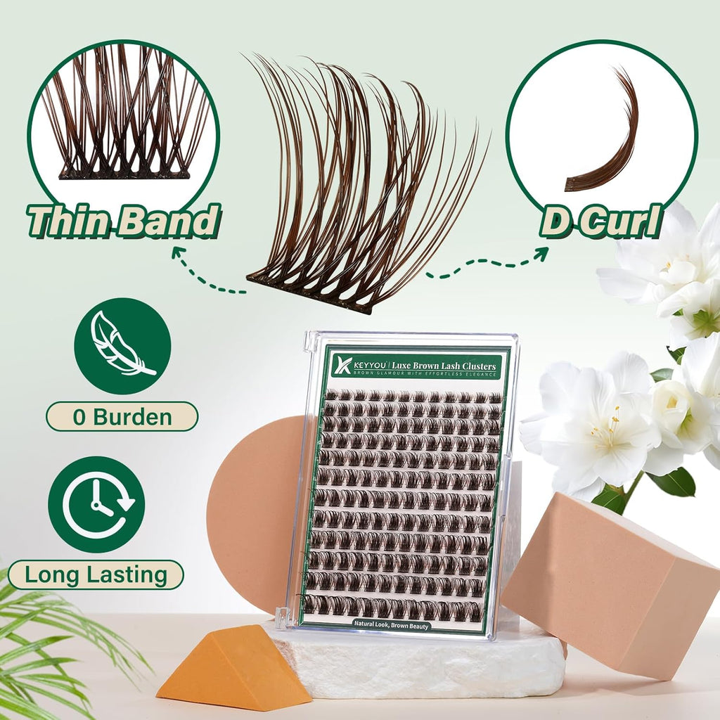 KEYYOU Brown Lash Clusters 144pcs Eyelash Clusters 8-18MIX D Curl Cluster Lashes Soft Wispy Lash Clusters Natural Look Brown DIY Lash Extension At Home(Brown01-D-8-18MIX)