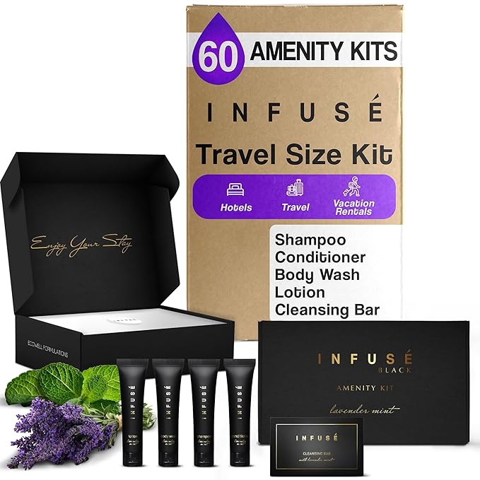 Infuse Black Amenity Kit | Boxed Hotel Toiletries | Bulk Set 1 oz Travel Size Shampoo, Conditioner, Lotion, Body Wash & Cleansing Bar for Guest Hospitality Hotel/Vacation Rentals | 300 Pieces