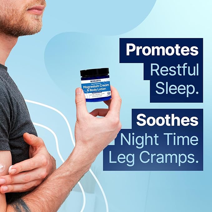 Topical Magnesium Cream & Body Lotion 4oz. - Promotes Sleep and Soothing Relief for Sore Muscles, Leg Cramps, Etc. Made in The USA.
