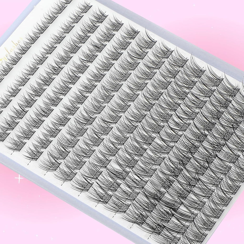 Lash Clusters Kit, Eyelash Clusters Individual Lash Extension Kit D Curl Fluffy Wispy False Eyelashes Extensions Thin Band with Bond Seal Tweezers Brush (SMY08 8-16mm)