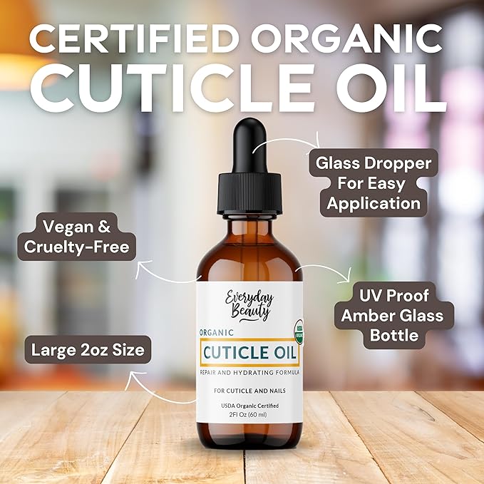 Organic Cuticle & Nail Oil - Repair, Revitalize & Hydrate Cuticles and Nails - Organic Spa Treatment - For Stronger Healthier Nails and Cuticles - 2 Fl Oz Glass Bottle with Glass Dropper