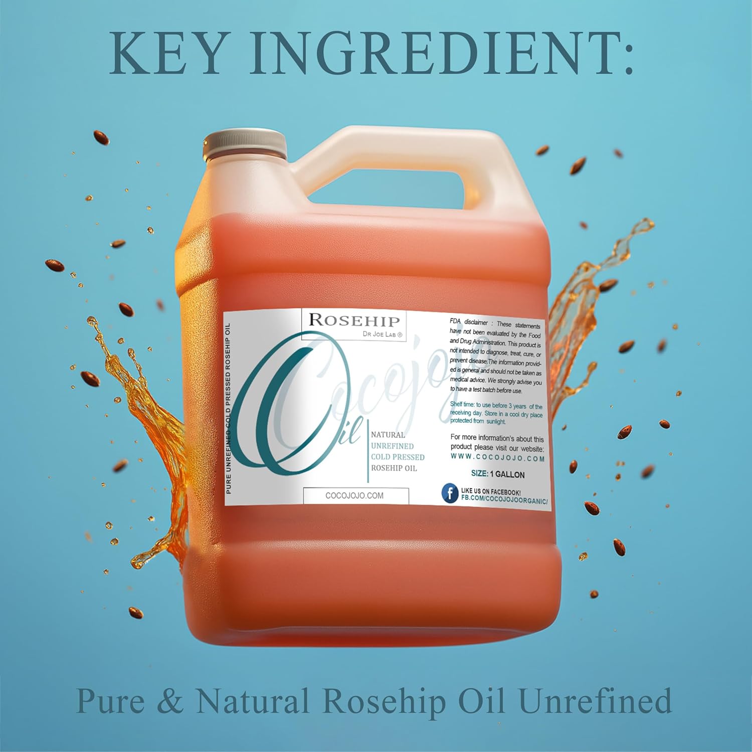 Dr Joe Lab Rosehip Oil - Bulk 128 oz 1 Gallon - Pure Unrefined Cold Pressed Natural Vegan Non GMO Virgin Seed Carrier Oil - Hair Skin Face Body Nails Cuticle Under Eye Mature Sensitive