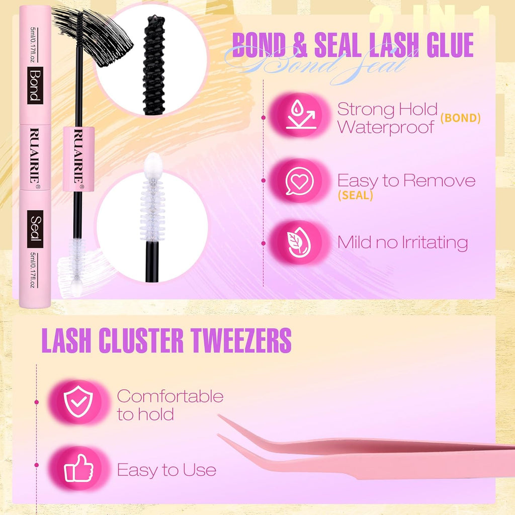 Ruairie Lash Clusters Kit Natural Lash Extension Kit 4 Styles Wispy Eyelash Extension Kit D-Curly Eyelash Clusters Kit 156pcs Cluster Eyelash Extensions Kit with Bottom Lash Clusters