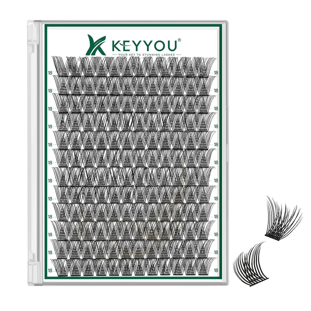 KEYYOU Lash Clusters 144pcs Individual D Curl 18mm Air Touch Cluster Lashes Super Lightweight Soft Wispy Comfortable Easy DIY at Home