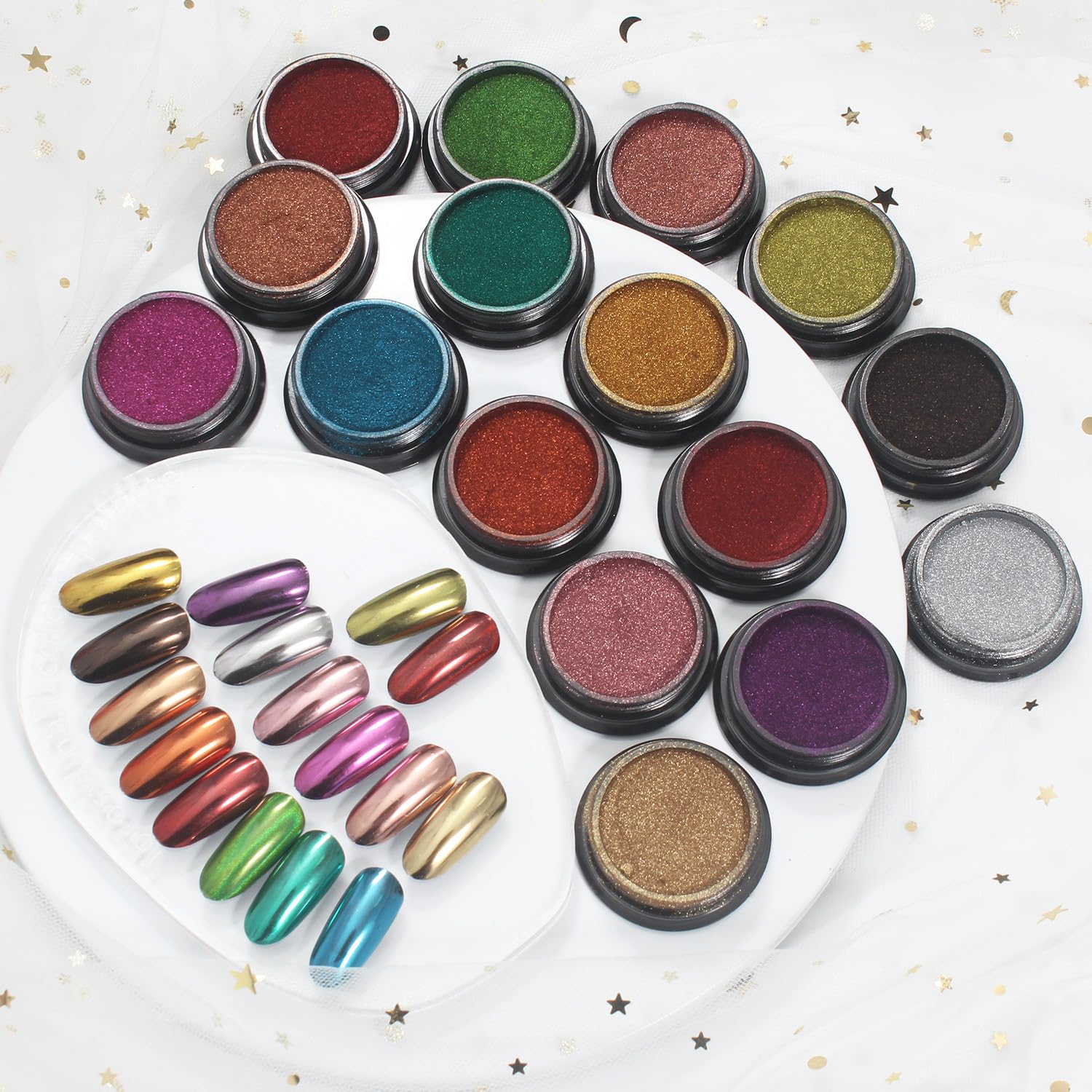 Artdone 16 Jars Chrome Nail Pearl Powder Silver and Gold Mirror Iridescent Aurora Metallic Nail Pigment Pearlescent Mermaid Pigment Pearl Dust Kit, Nail Art Decoration, Acrylic Resin Craft