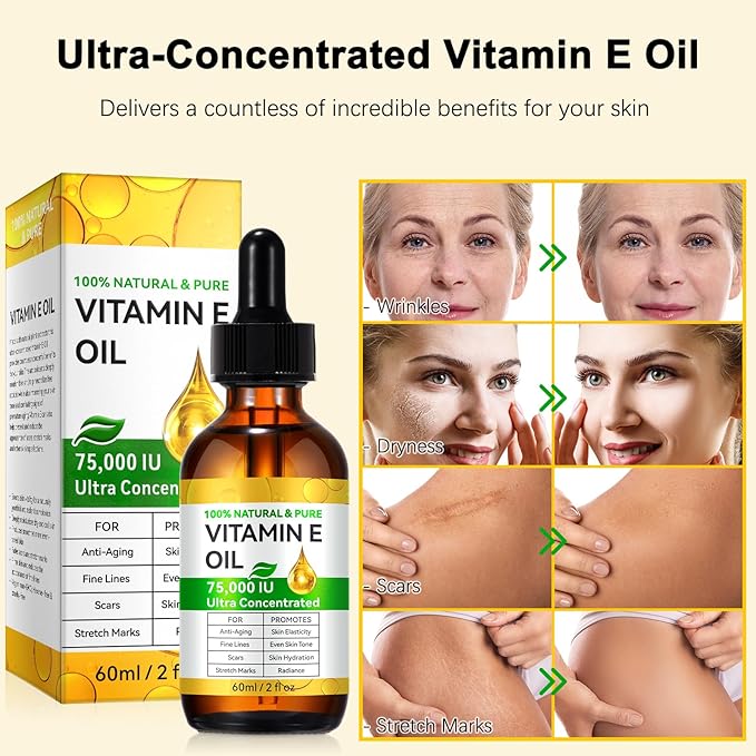 Pure Vitamin E Oil - 75,000 IU Vitamin E Oil for Face Skin, Scars, Face & Full Body Reduce Fine Lines & Scars, Moisturizing Skin, 2 Fl Oz