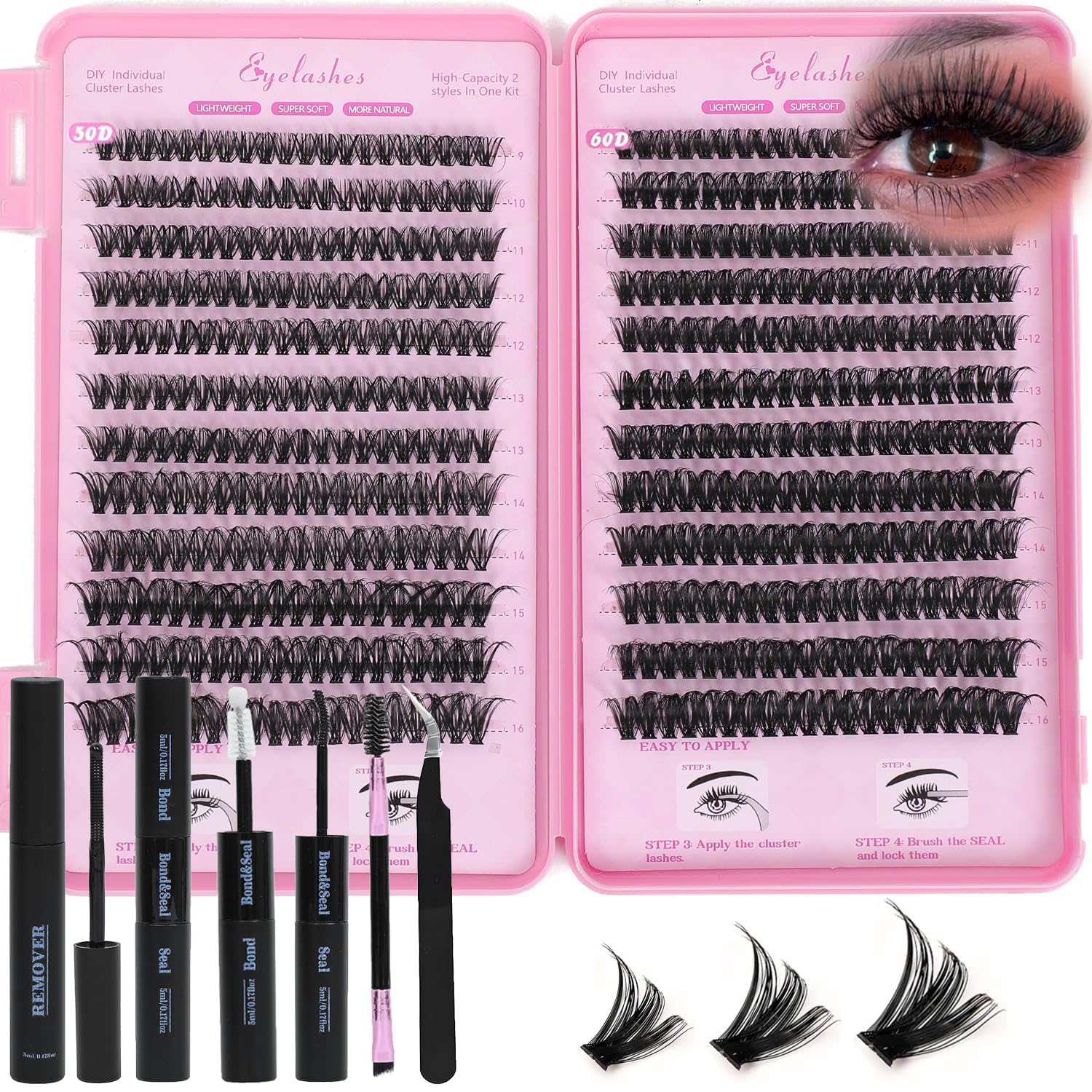 Lash Clusters Kit, Eyelash Clusters Individual Lash Extension Kit 480 Pcs D Curl Fluffy Wispy False Eyelashes Extensions Thin Band with Bond Seal Tweezers Brush Remover (50D+60D Kit 9-16mm)