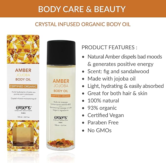 EXSENS Amber Jojoba Crystal Infused Moisturizing Body Oil, Great for Skin& Hair, Certified Organic, Vegan, Paraben Free, Non GMO, Natural Fragrance, 100 ml - 3.8 fl.oz