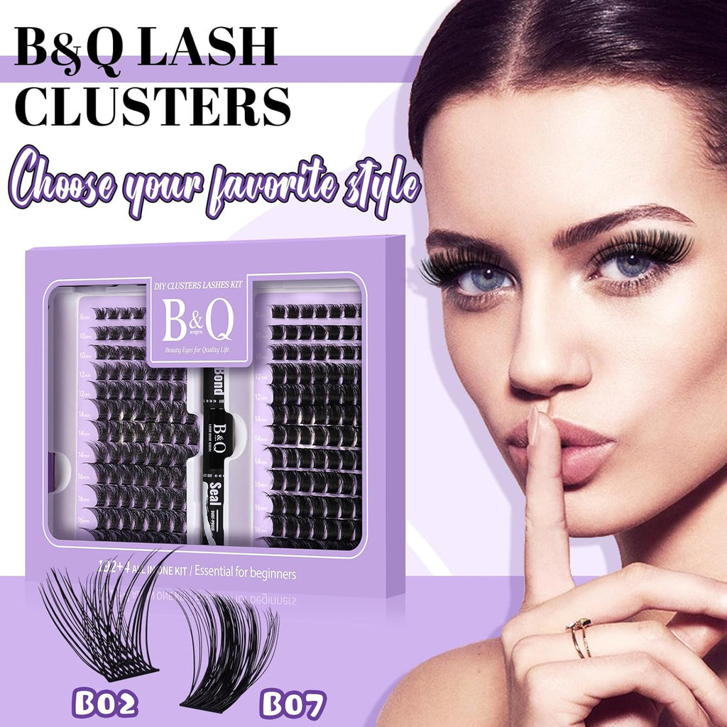 B&Q Lash Extension Kit 192 pcs Eyelash Extension Kit B02+B07 8-18mm Mixed Lash Clusters Kit Individual Lashes Kit Wispy with Lash Glue and Remover Applications Eyelash Kit (B02+B07, Kit)