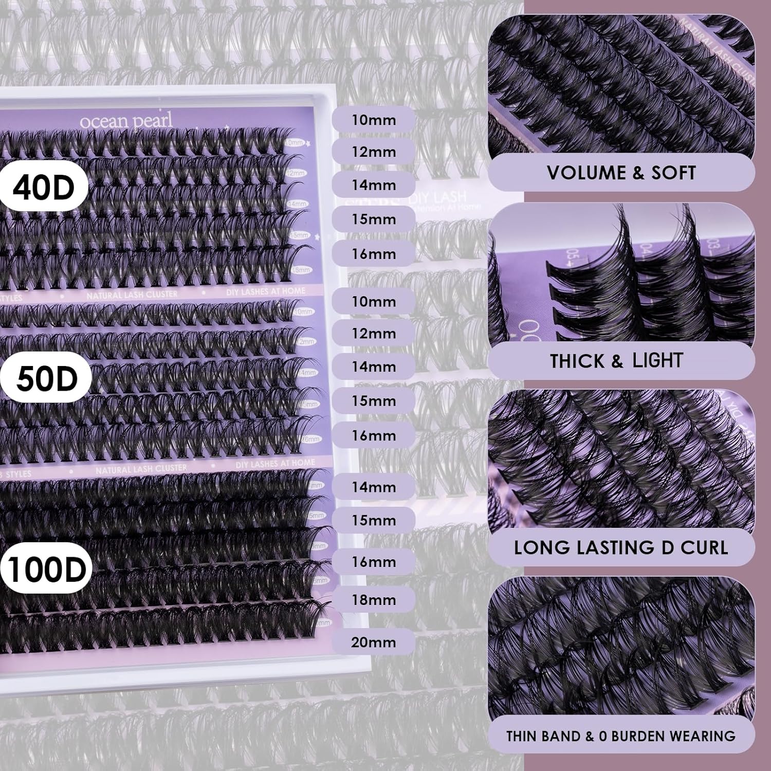 Ocean Pearl DIY Lash Extension Kit 300PCS Lash Cluters 10-20mm 40D 50D 100D Thick Eyelash Extension Kit Long Eyelashes Natural Individual Lashes with Bond&Seal&Remover&Tweezers-300