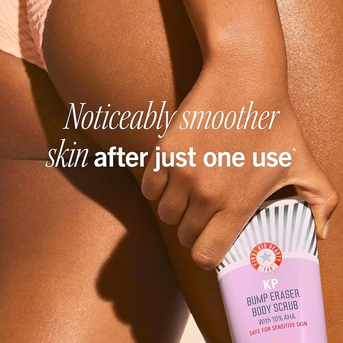 First Aid Beauty Soft + Smooth Starter Body Kit: KP Bump Eraser Body Scrub, 4 oz, Smoothing + Brightening Lotion (Peach), 1oz, & Ingrown Hair Pads, 28 Pads, Exfoliation & Hydrating Skin Care Set, 3ct