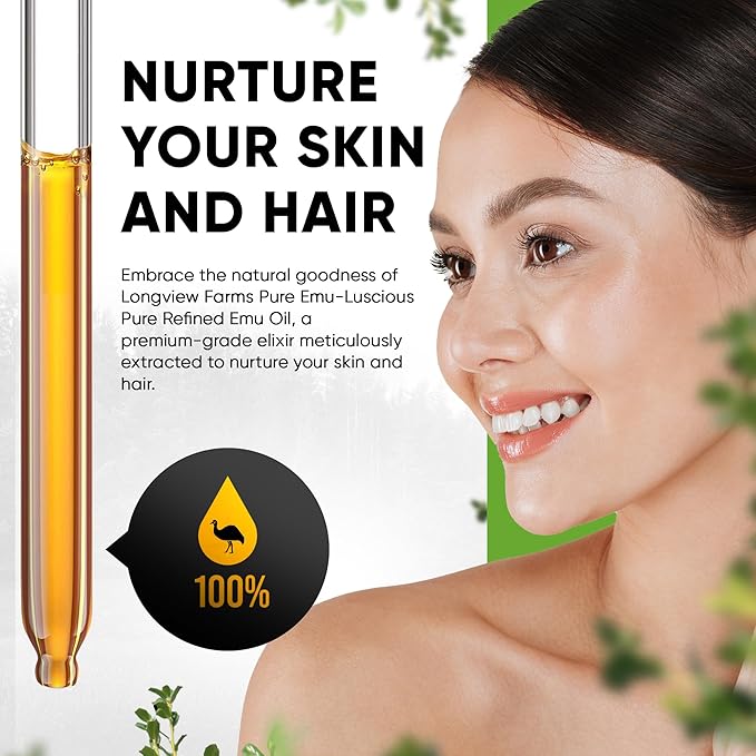 Longview Farms® Emu Oil - Hair and Body - 100% Pure & Refined | Pure Emu Oil for Skin & Hair Care | Premium Quality Hydration & Nourishment | 1 Fl. Oz