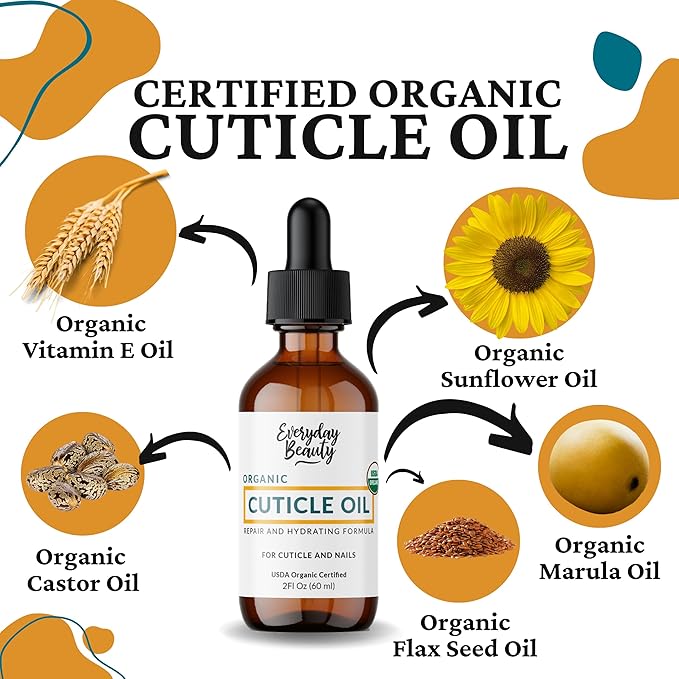 Organic Cuticle & Nail Oil - Repair, Revitalize & Hydrate Cuticles and Nails - Organic Spa Treatment - For Stronger Healthier Nails and Cuticles - 2 Fl Oz Glass Bottle with Glass Dropper