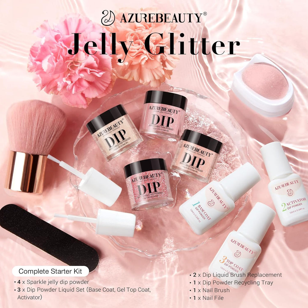 AZUREBEAUTY Jelly Dip Powder Nail Kit, Transparent Glitter Nude Pink Sheer Peach Neutral 4 Colors Dipping Powder Liquid Set with Base/Top Coat Activator for French Nail Art Manicure DIY Home Gifts