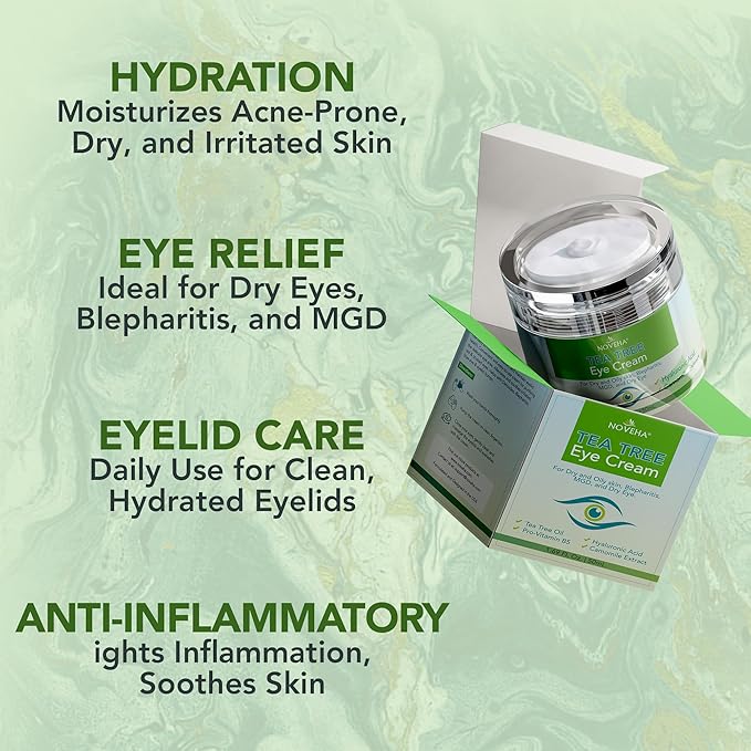 NOVEHA Tea Tree Oil Anti Wrinkle Eye Cream - Eyelid Cream for Dry & Itchy Skin, Scar | Moisturizer Face Cream Treatment - 1.69 Fl. Oz.