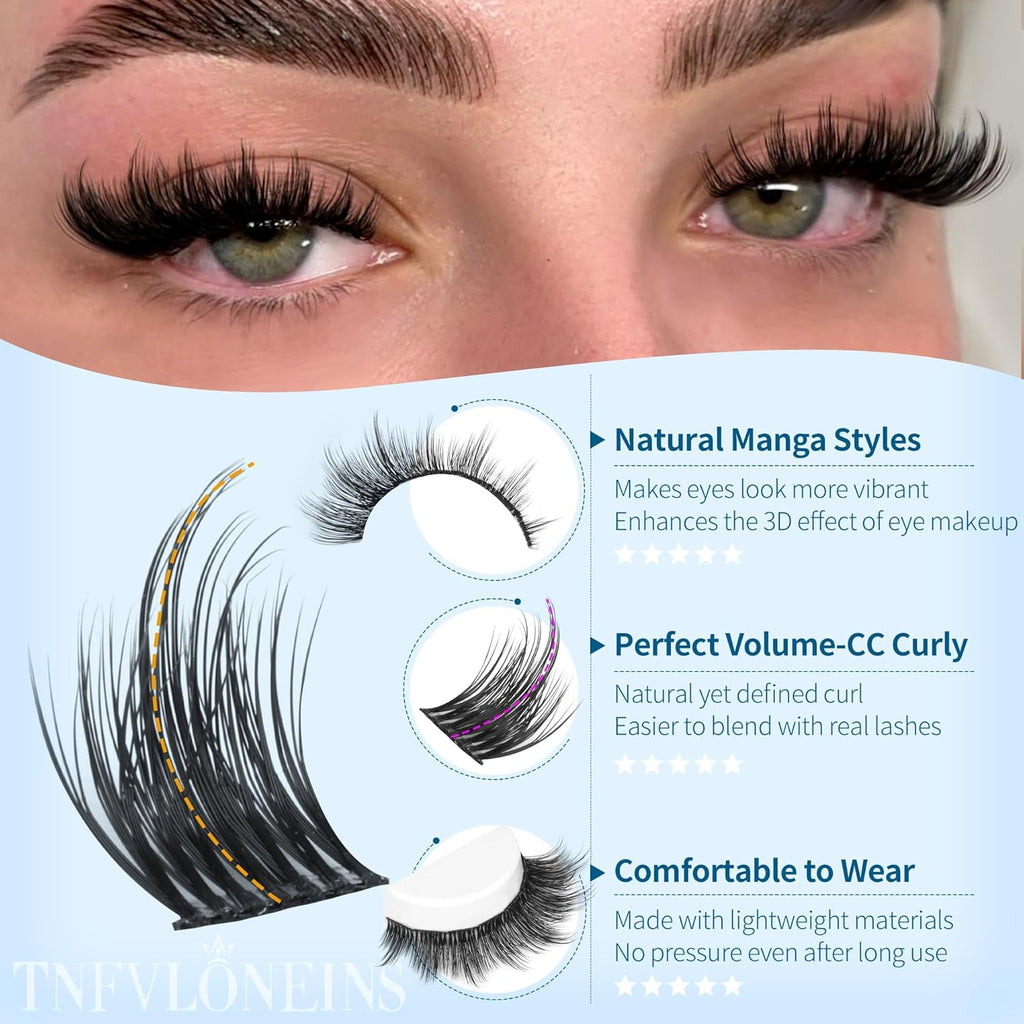 TNFVLONEINS Manga Lash Clusters Wispy Eyelash Clusters with Spikes Natural Individual Lashes Cluster DIY Anime Cluster Eyelash Extensions