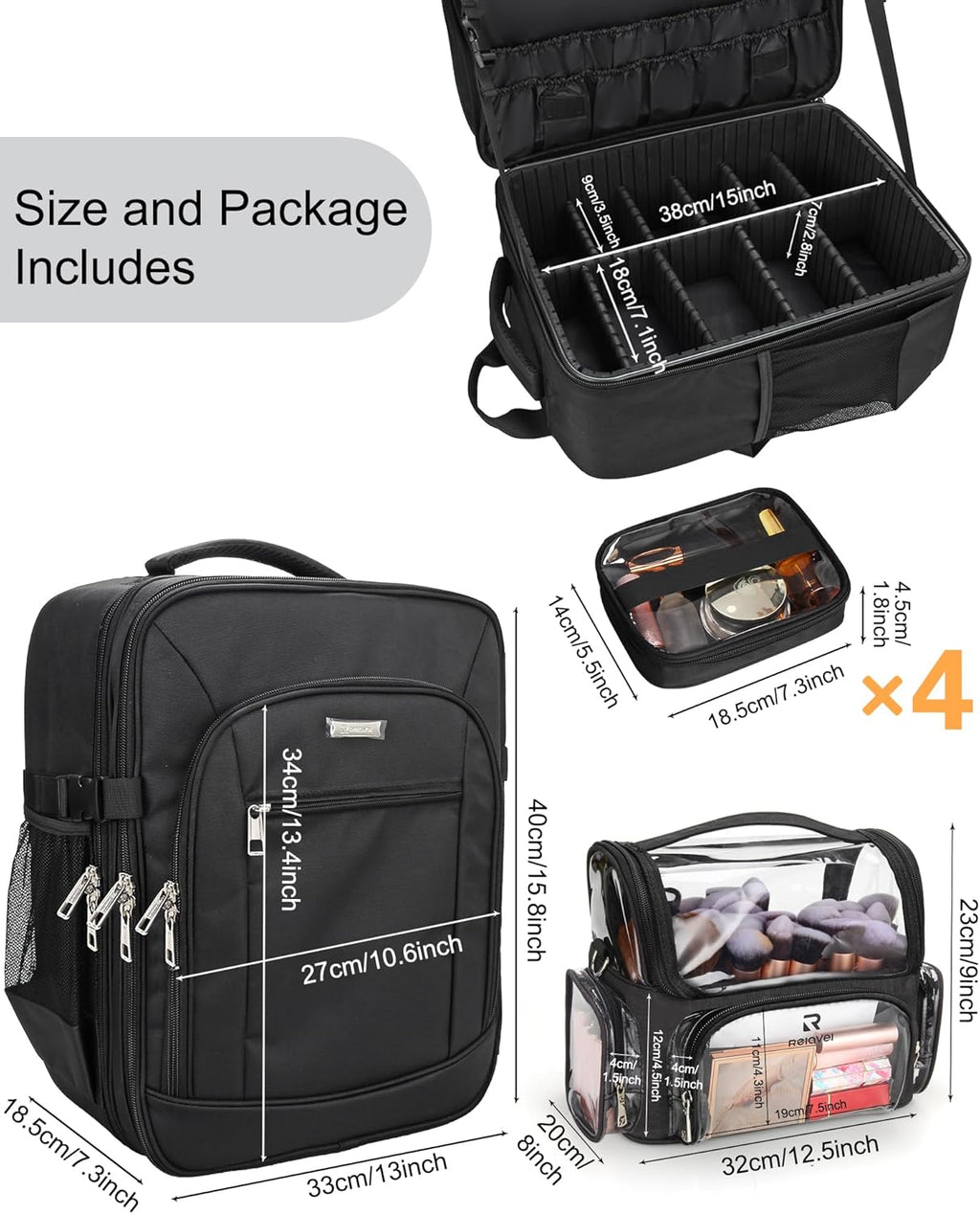 Makeup Backpack Extra Large Cosmetic Bags Professional Makeup Artist Bag Travel Train Case Storage Organizer Double-Layer Cosmetic Case with 4 Pouch and Brush Organizer