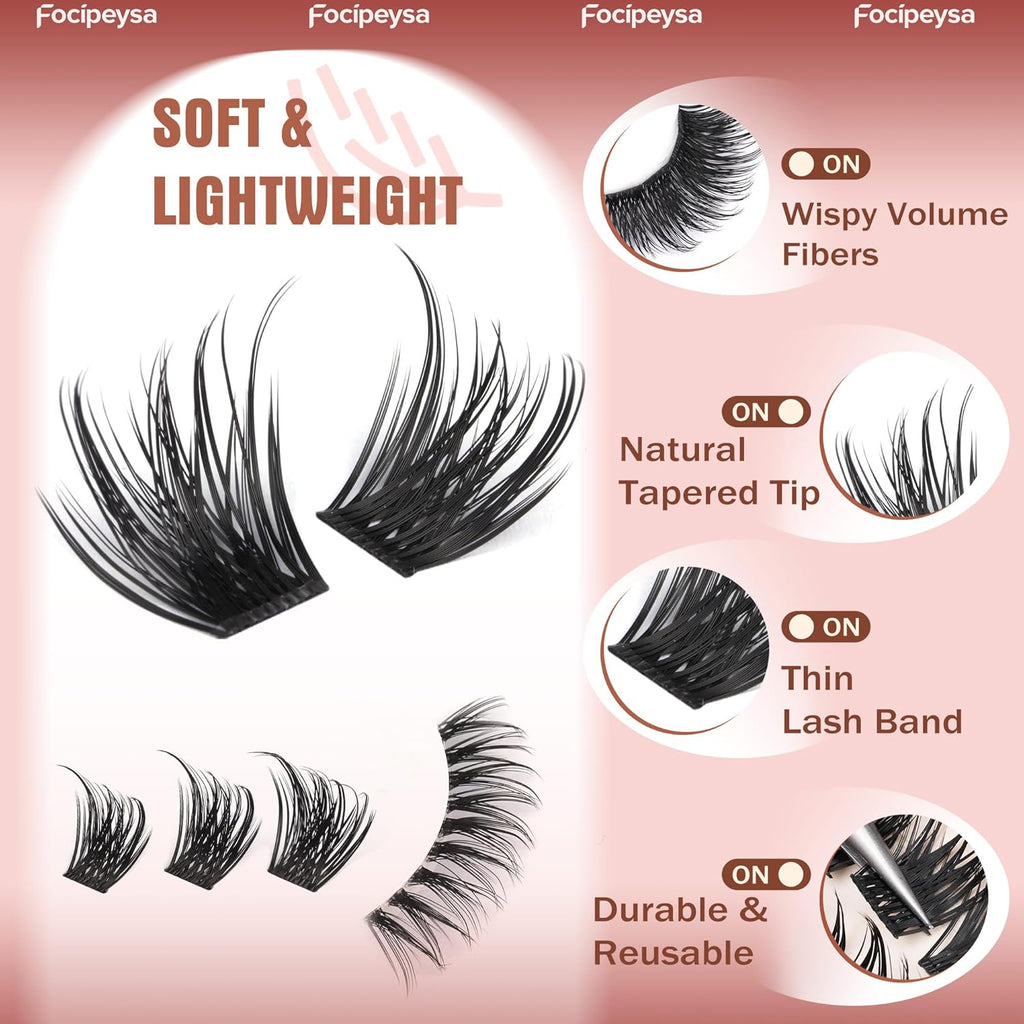 Focipeysa Volume Lash Clusters Wispy Eyelashes Extensions 10-16mm Cluster Lash Extensions C-Curl Lashes Extensions with Bottom Lashes Salon Effect Individual Eyelash DIY Eyelashes Clusters at Home