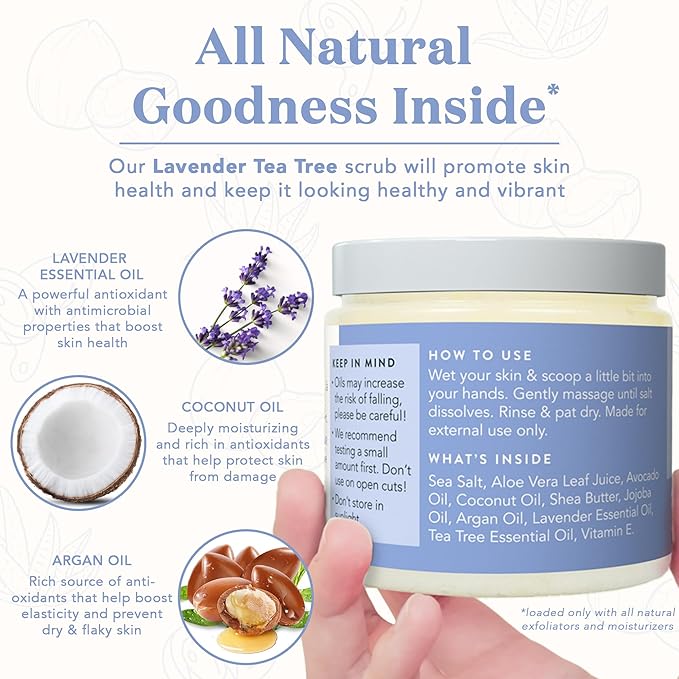 Bare Botanics Lavender Tea Tree Body Scrub 24oz | Made in Madison, WI | All Natural Sea Salt Exfoliator w/ Skin Loving Moisturizers | Vegan & Cruelty Free | Gift Ready Packaging w/ a Cute Wooden Spoon