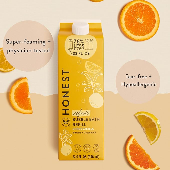 The Honest Company Foaming Bubble Bath Refill Carton | Gentle for Baby | Naturally Derived, Tear-Free, Hypoallergenic | Citrus Vanilla Refresh, 32 fl oz