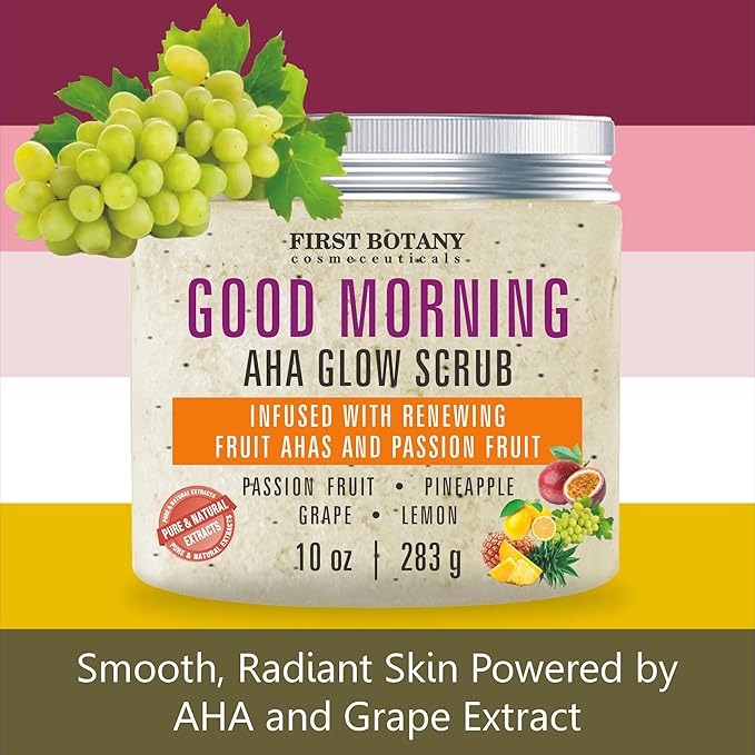 First Botany Body Scrub - Natural Exfoliating Salt Scrub & Body and Face Souffle helps with Moisturizing Skin, Acne, Cellulite, Dead Skin Scars, Wrinkles (10 fl oz, AHA Passion Fruit)
