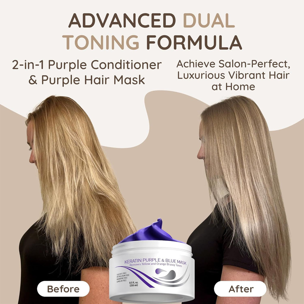 VITAMINS hair cosmetics Keratin Purple Hair Mask - Blue Hair Mask Deep Conditioner Treatment - Blonde Toner to Neutralize Brassiness in Brassy Blonde, Silver, White, Gray & Brown Locks