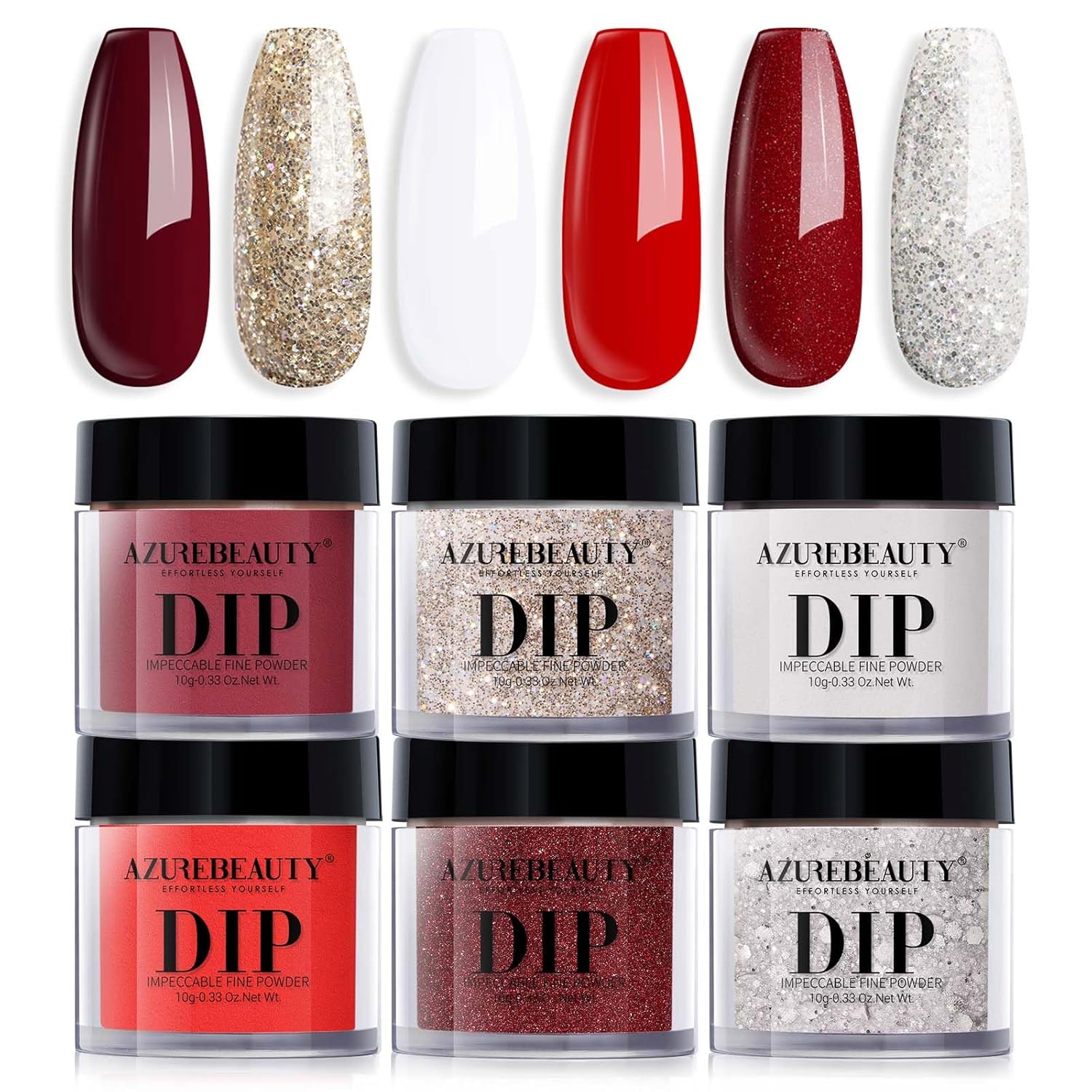 AZUREBEAUTY Dip Powder Nail Set, Red Burgundy Rose Berry Sparkle Milky Snow White Silver Glitter, 6 Colors Dipping Powder Starter Kit French Nail Art Manicure DIY Salon, No Need Nail Lamp Cured
