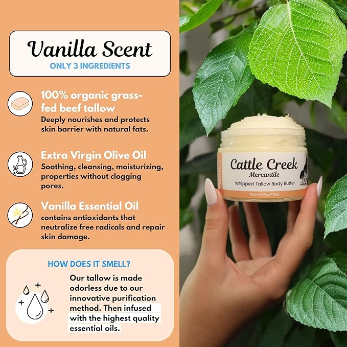 Cattle Creek Whipped Beef Tallow for Skin & Face – Deeply Moisturizing Tallow Balm – Organic Grass-Fed Skincare – Nourishes Dry, Sensitive Skin– Non-Comedogenic, Fast-Absorbing (4oz, Vanilla)